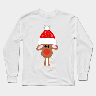 Festive Christmas Reindeer With Red Snowflake Hat Long Sleeve T-Shirt